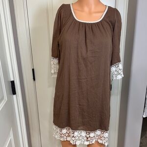 Umgee Boho Brown Shift Dress White Lace Trim Cottagecore Festival Small